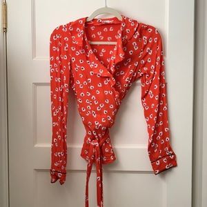 Ruffled floral-print crepe de chine wrap top